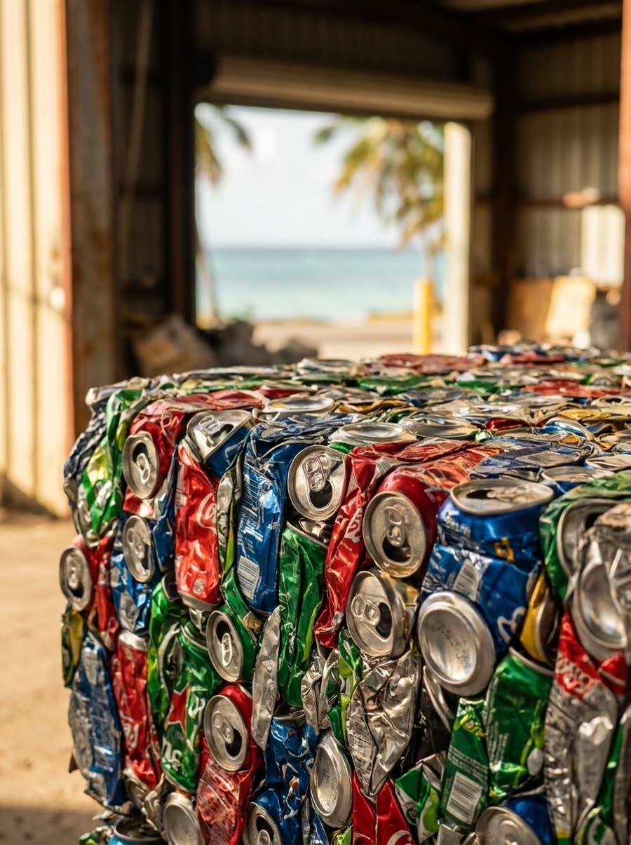 Geperste baal aluminium blikjes in de loods